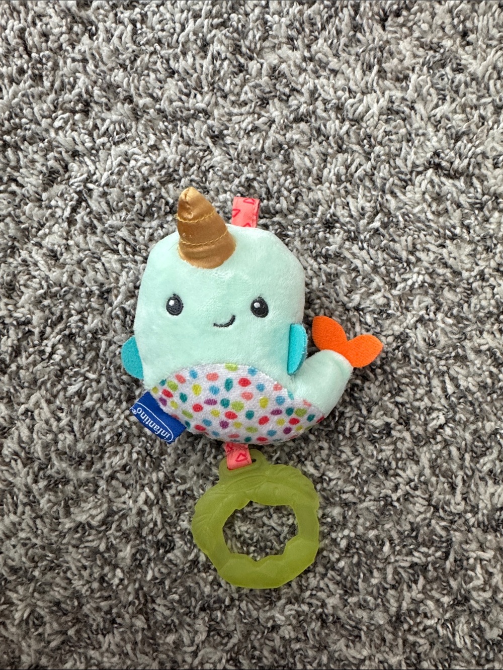 Infantino Mint Narwhal Plush Teether with Orange Tail
